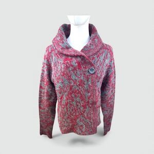 Susan Bristol Red Gray Abstract Print Shawl Collar Cardigan Sweater‎ Women's M